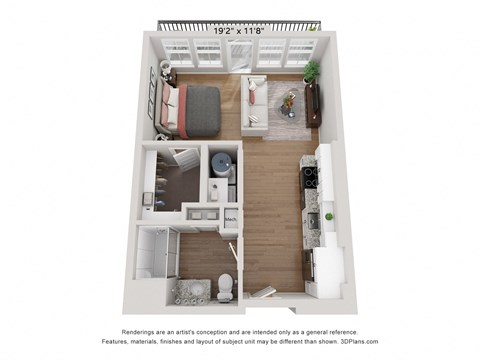 Floor plan for studio, 1 bath, 505 sqft
